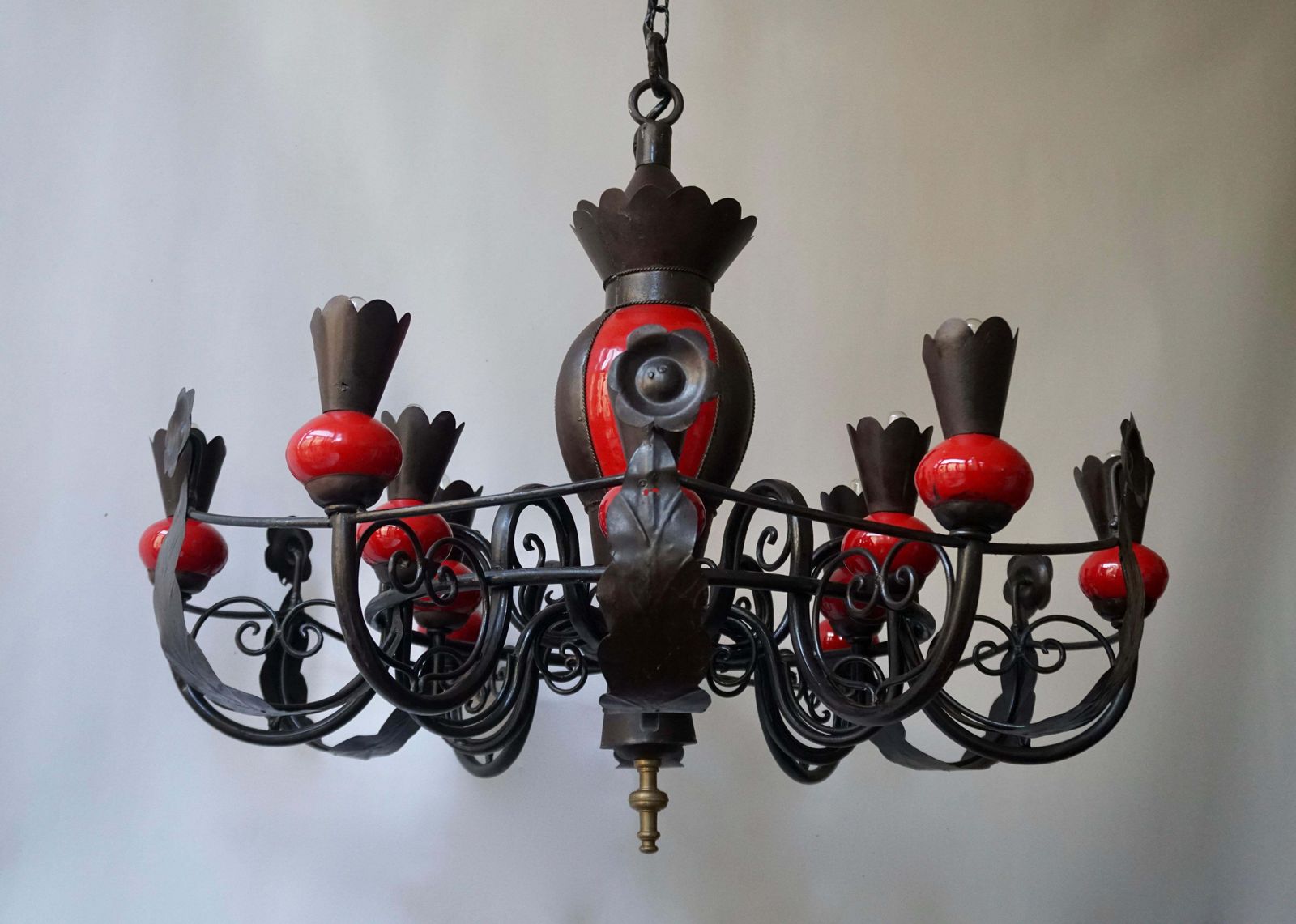 Beautiful Large 1950s Wrought Iron And Red Ceramic Chandelier photo 1955.0