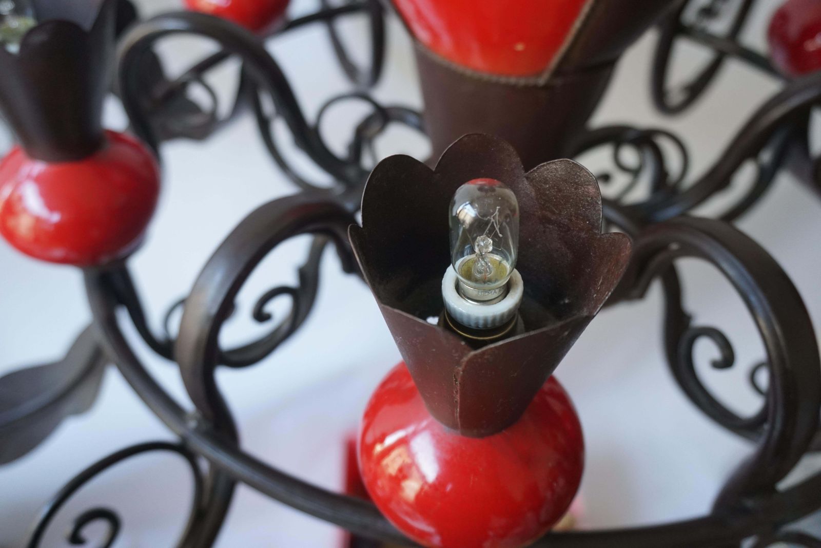 Lighting Beautiful Large 1950s Wrought Iron And Red Ceramic Chandelier photo