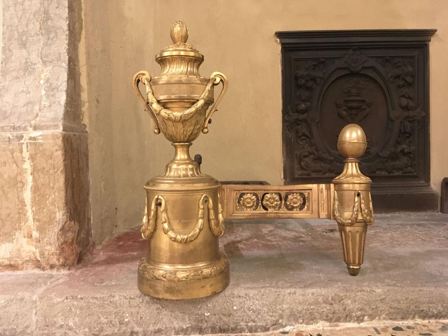 France Mid 18th Century Pair Gilded Bronze And Iron Neclassical Andirons photo for sale