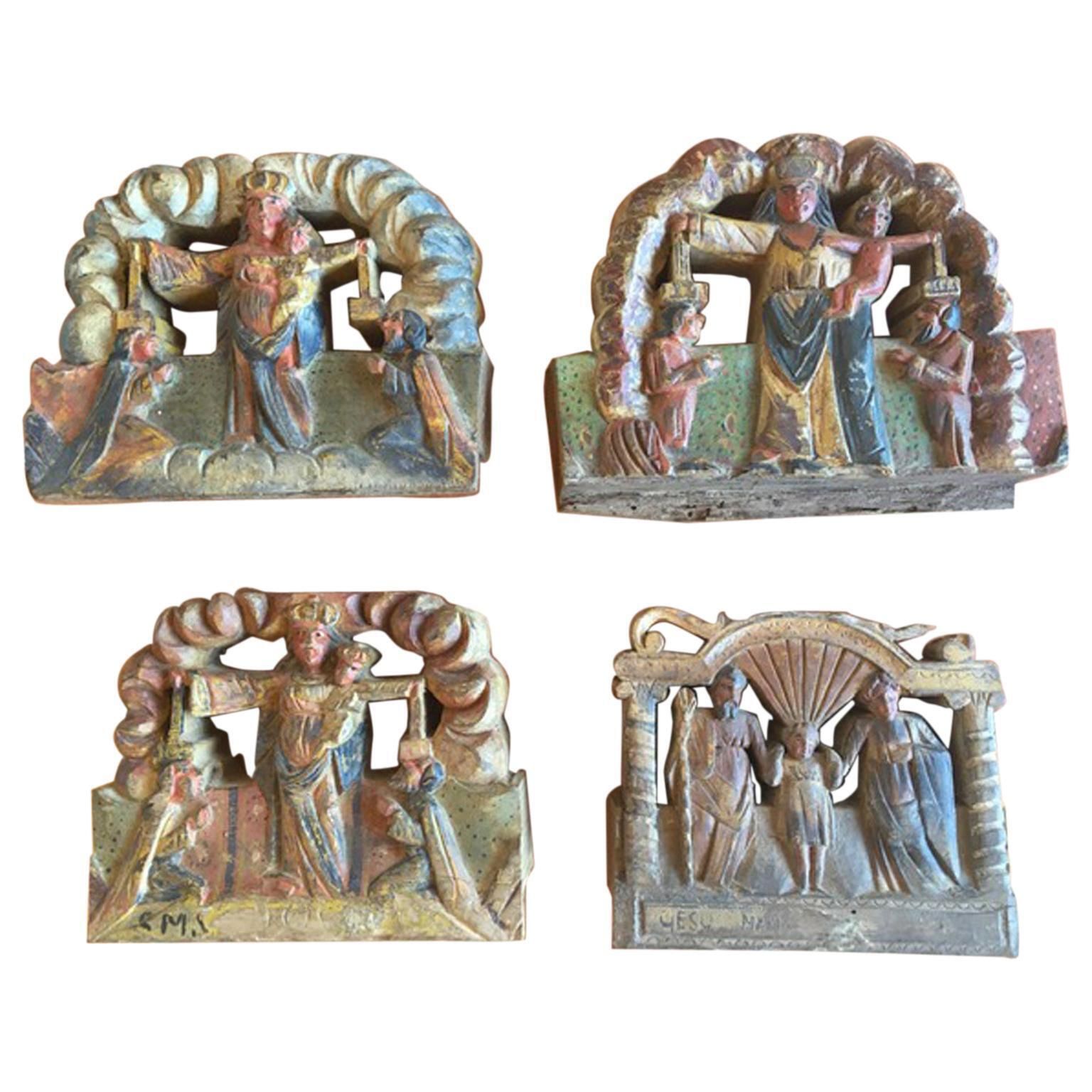 Italy Sicily Late 19th Century Set Of 4 Kitchen Wooden Tiles With Rural Scenes