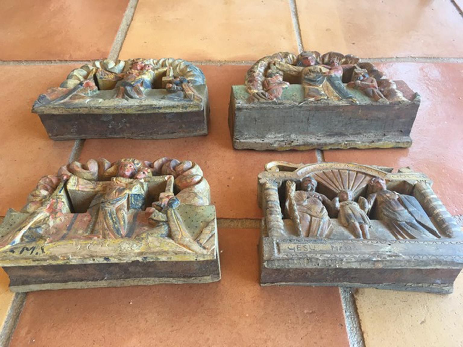 Italy Sicily Late 19th Century Set Of 4 Kitchen Wooden Tiles With Rural Scenes photo vinterior