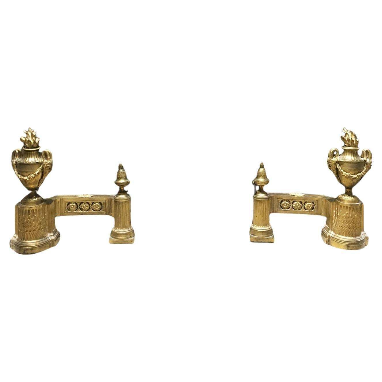 France Mid 18th Century Pair Bronze And Iron Neoclassical Andirons