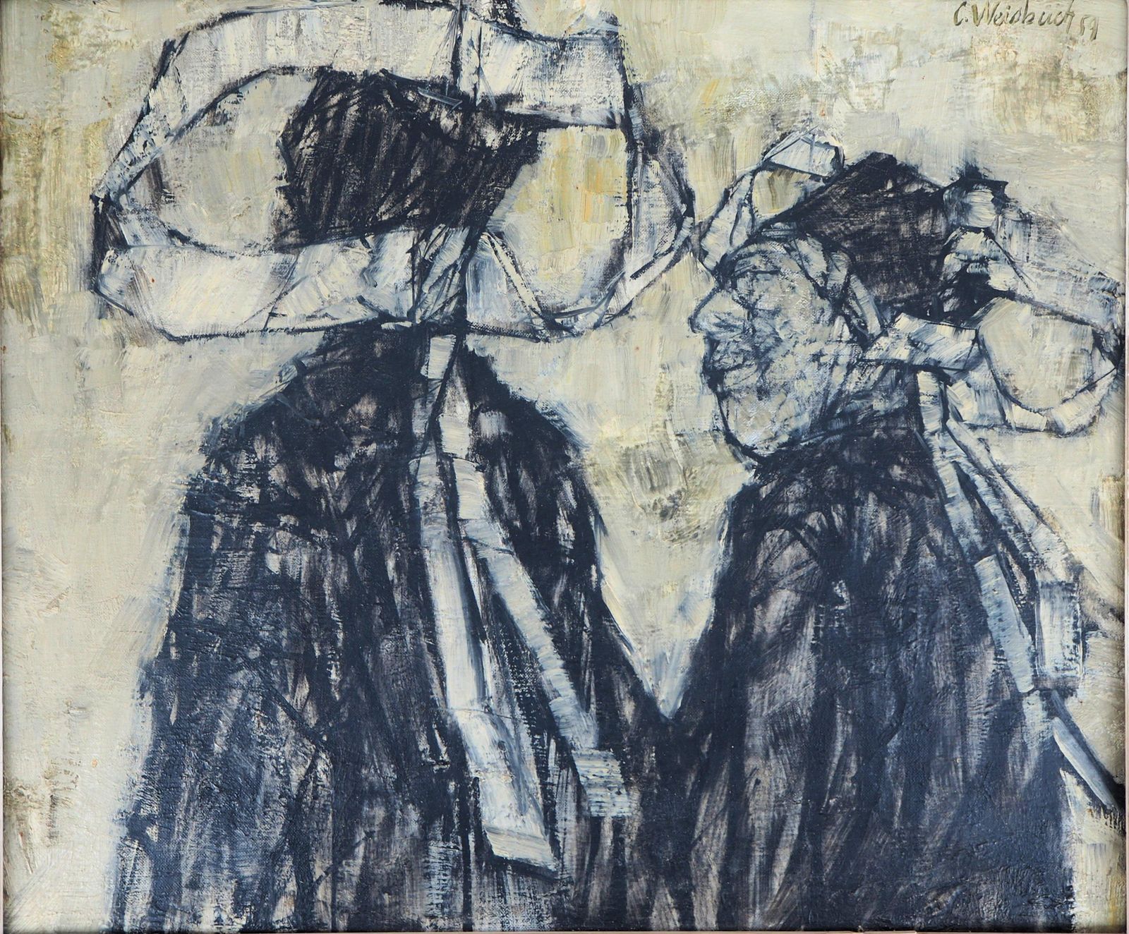 Two Women With Traditional Brittany Dress   Original Oil On Canvas, Signed 1954 photo for sale