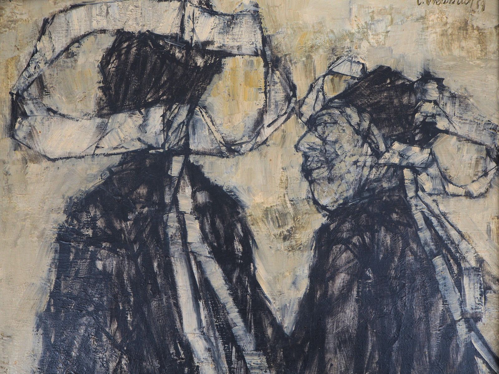 Two Women With Traditional Brittany Dress   Original Oil On Canvas, Signed 1954 photo Art