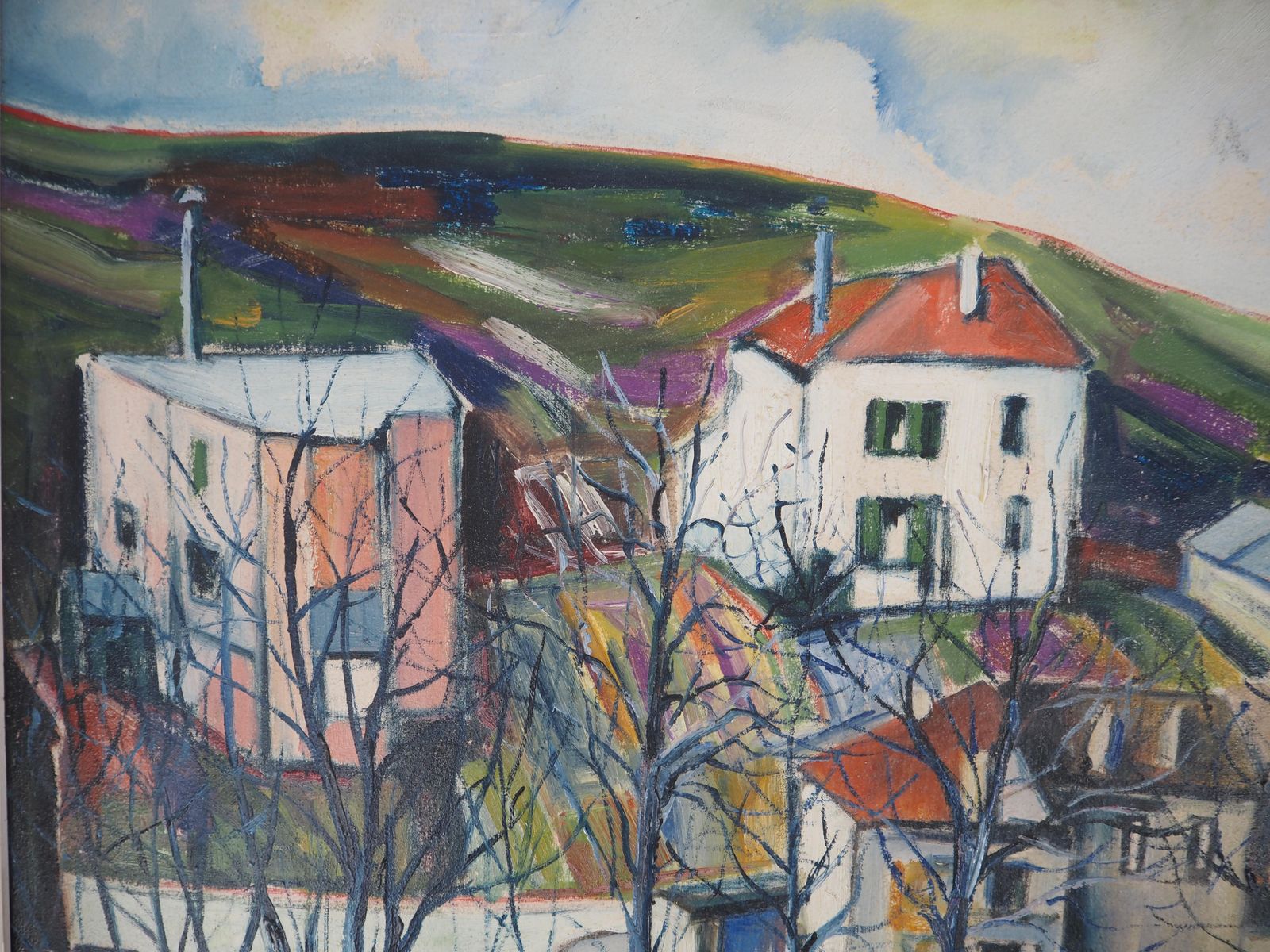 Normandy : Small Traditional Village   Oil Painting On Canvas   Signed photo vintage