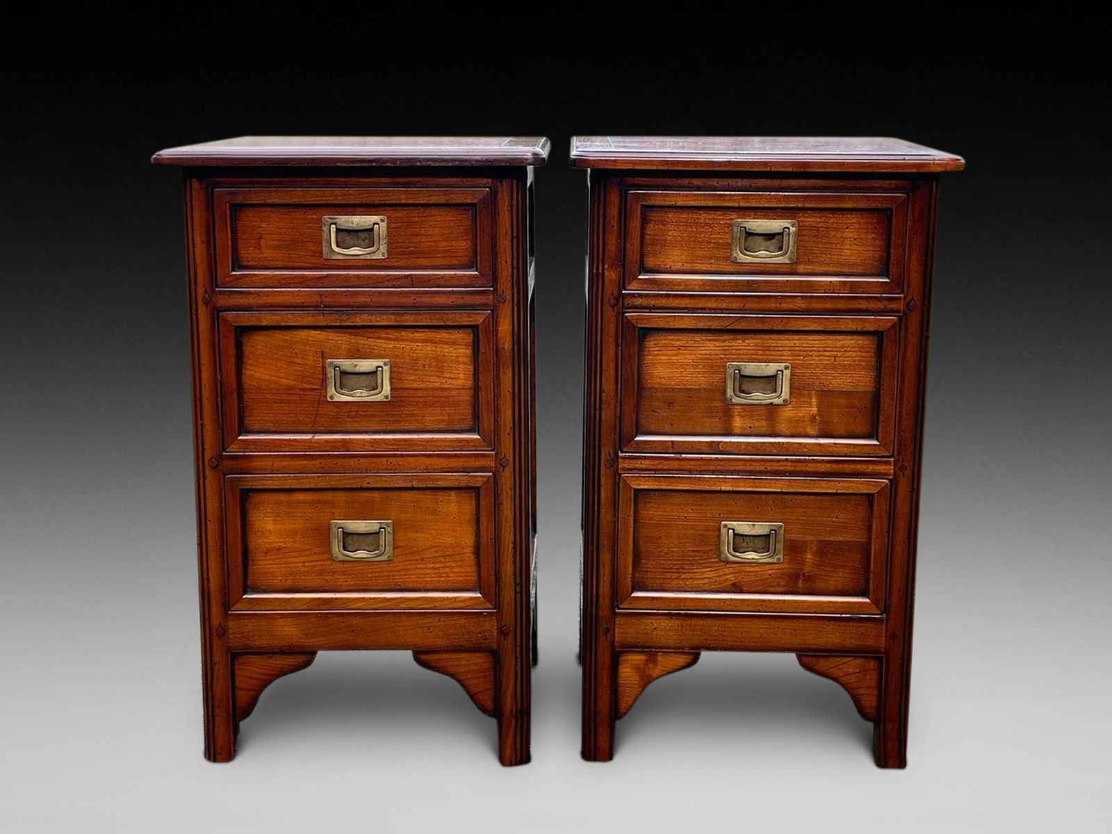Pair Of Fruitwood Three Drawer Bedsides