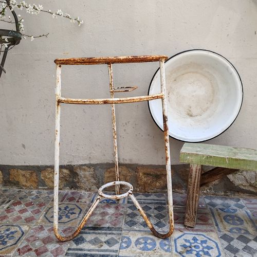 Antique 1920s Hungarian Wash Basin Stand – Rustic Metal With Bowl, Bird Bath photo 75.0