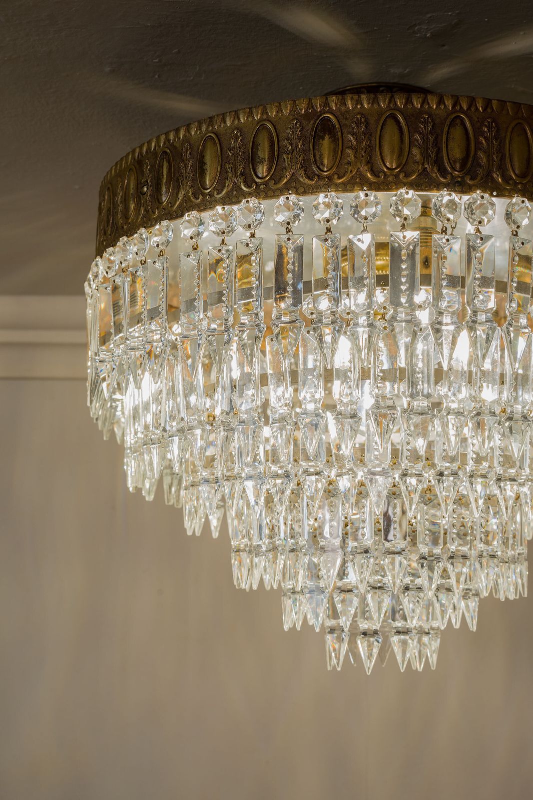 Lighting Vintage Empire Style Ceiling Light In Bronze With Hanging Crystal Drops – 1950s Ceiling Fixture photo