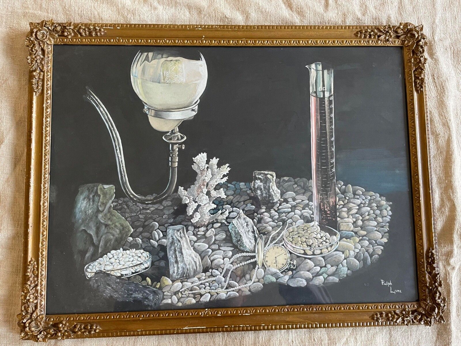 Antique 1900s Ralph Lyons English Apothecary Still Life Watercolour Painting. photo furniture