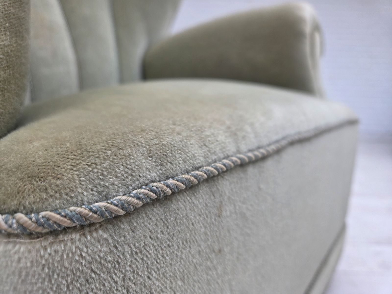 1970s, Danish Relax Armchair, Light Green Furniture Velour, Original Condition. photo furniture