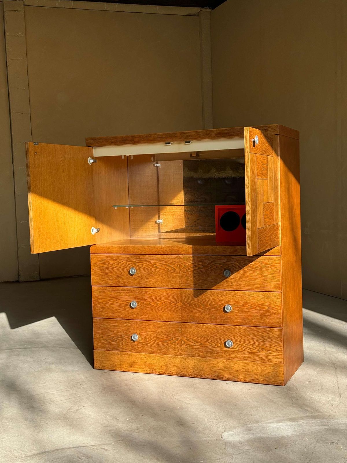photo furniture Natural Oak Brutalist Bar Cabinet With Drawers, 1980s
