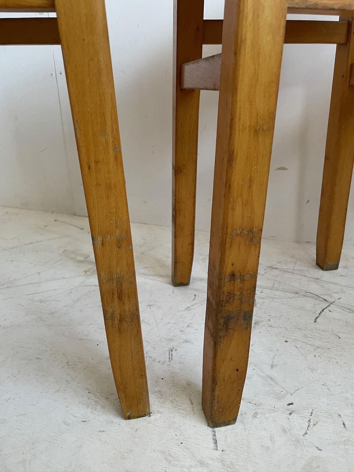 Set Of 3 Romanian Mid Century Wooden Stools With Red Vinyl Seats photo vintage