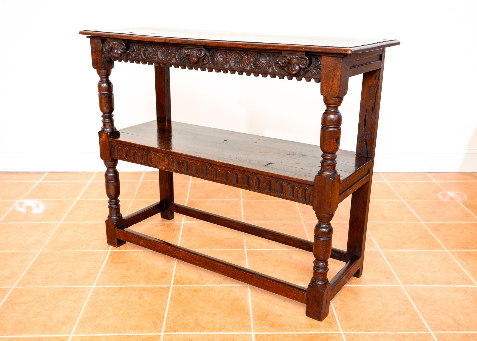 photo for sale Jacobean Country Carved Oak Tiered Court Cupboard Server Buffet Display Stand Media Shel.F Unit County House 17th Century Fine Antique Farmhouse