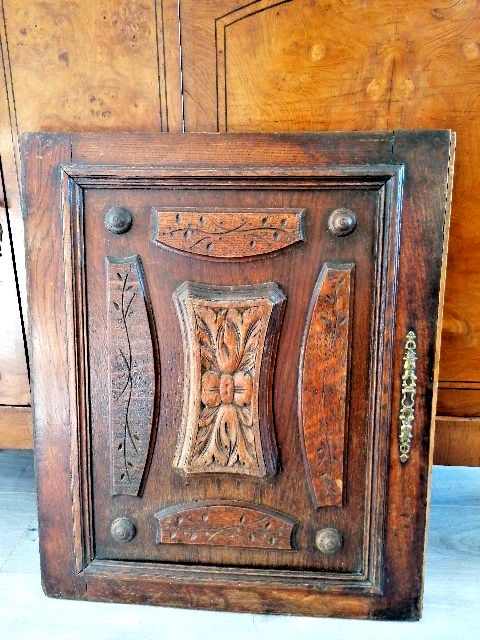 French Arts & Crafts Antique Oak Carved Cupboard Cabinet Door Wall Panels photo for sale