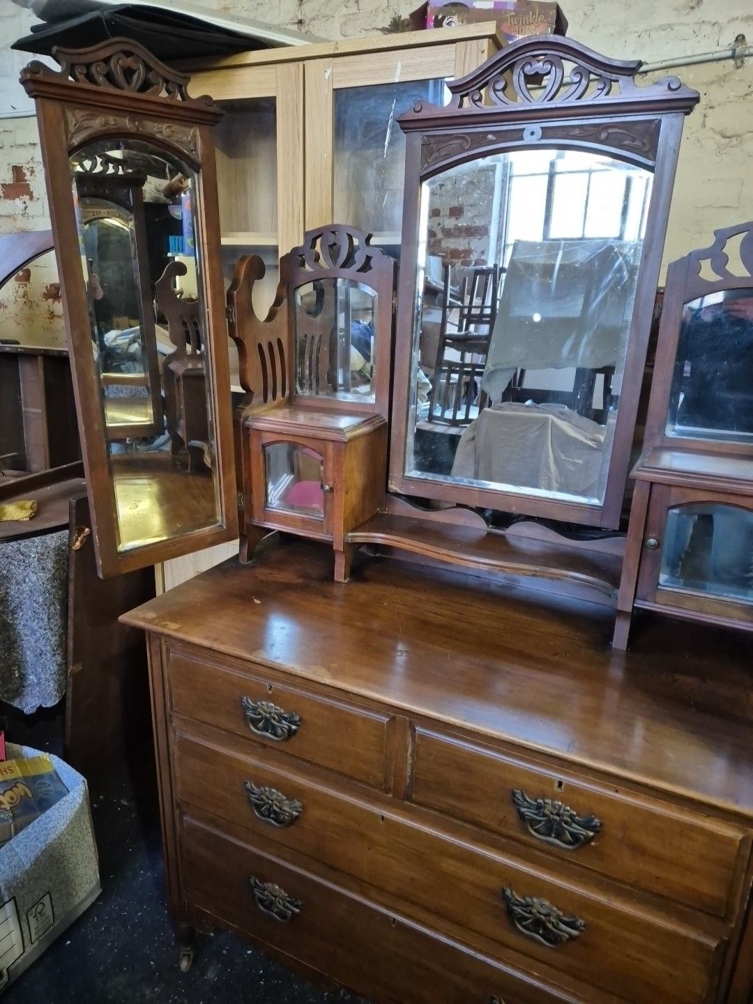 Edwardian Satin Walnut Batwing Dressing Table / Chest Of Drawers & 7 Mirrors photo furniture