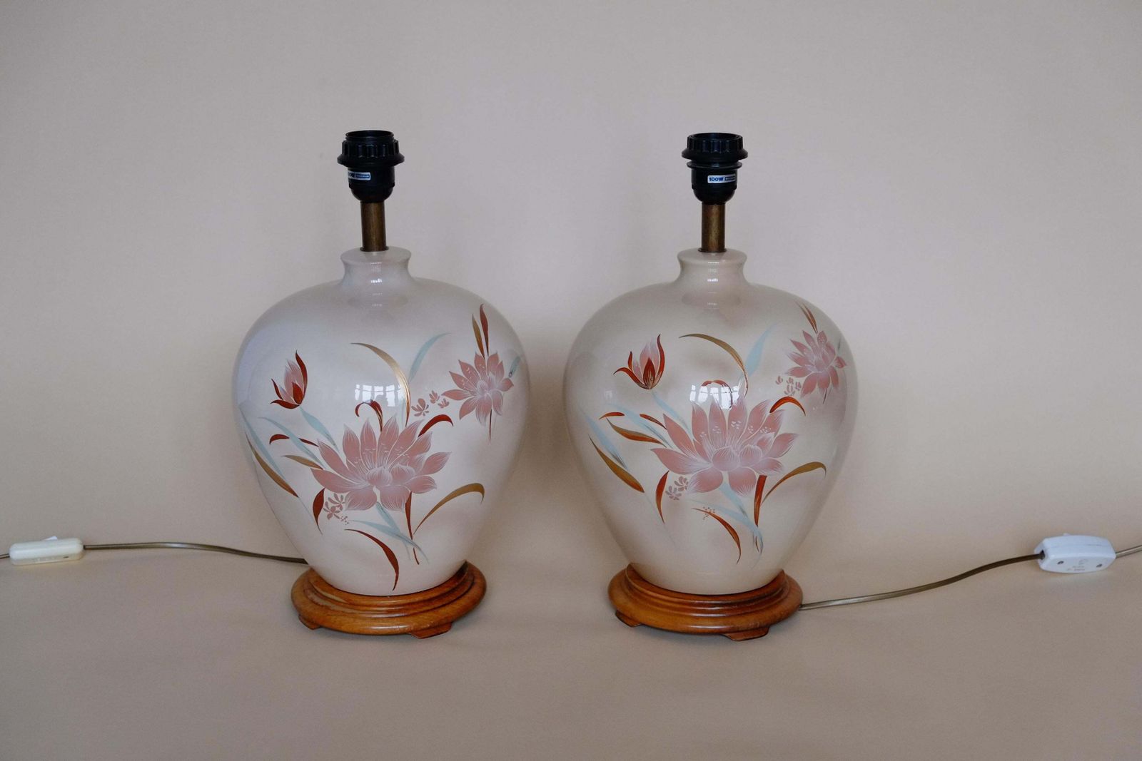 Large Pair Of 1980's Floral Pink Ceramic Ginger Jar Lamps photo furniture