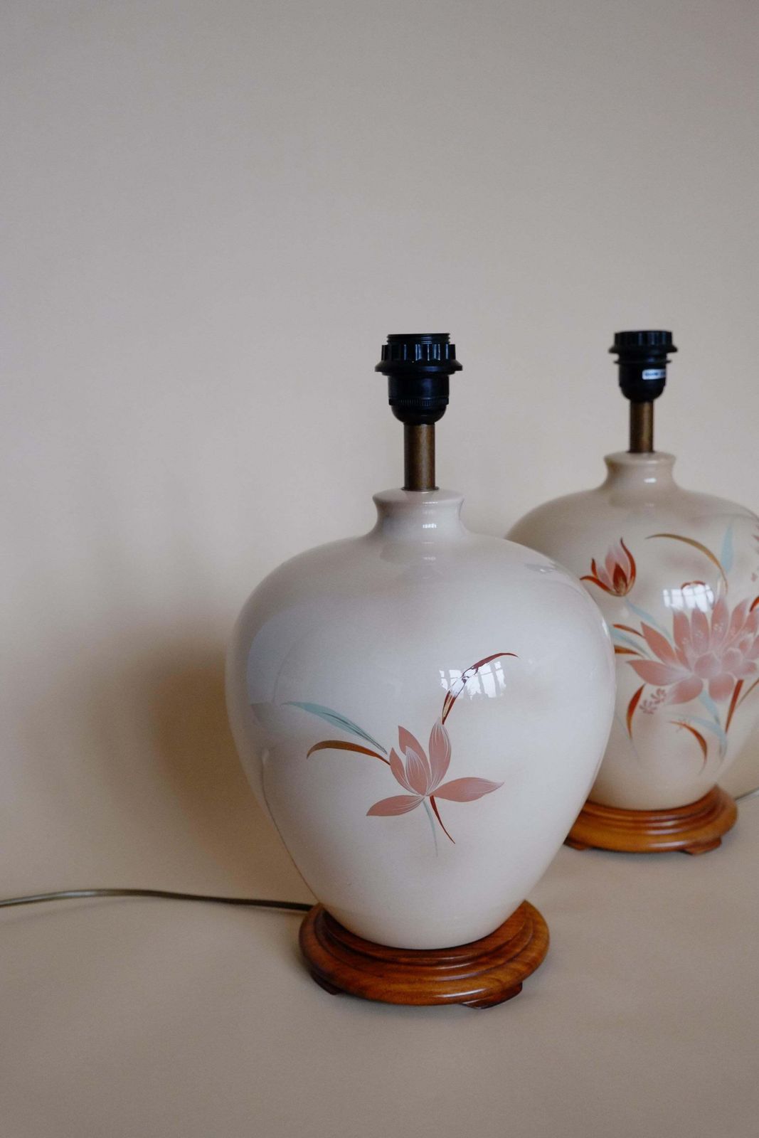 Large Pair Of 1980's Floral Pink Ceramic Ginger Jar Lamps photo buy