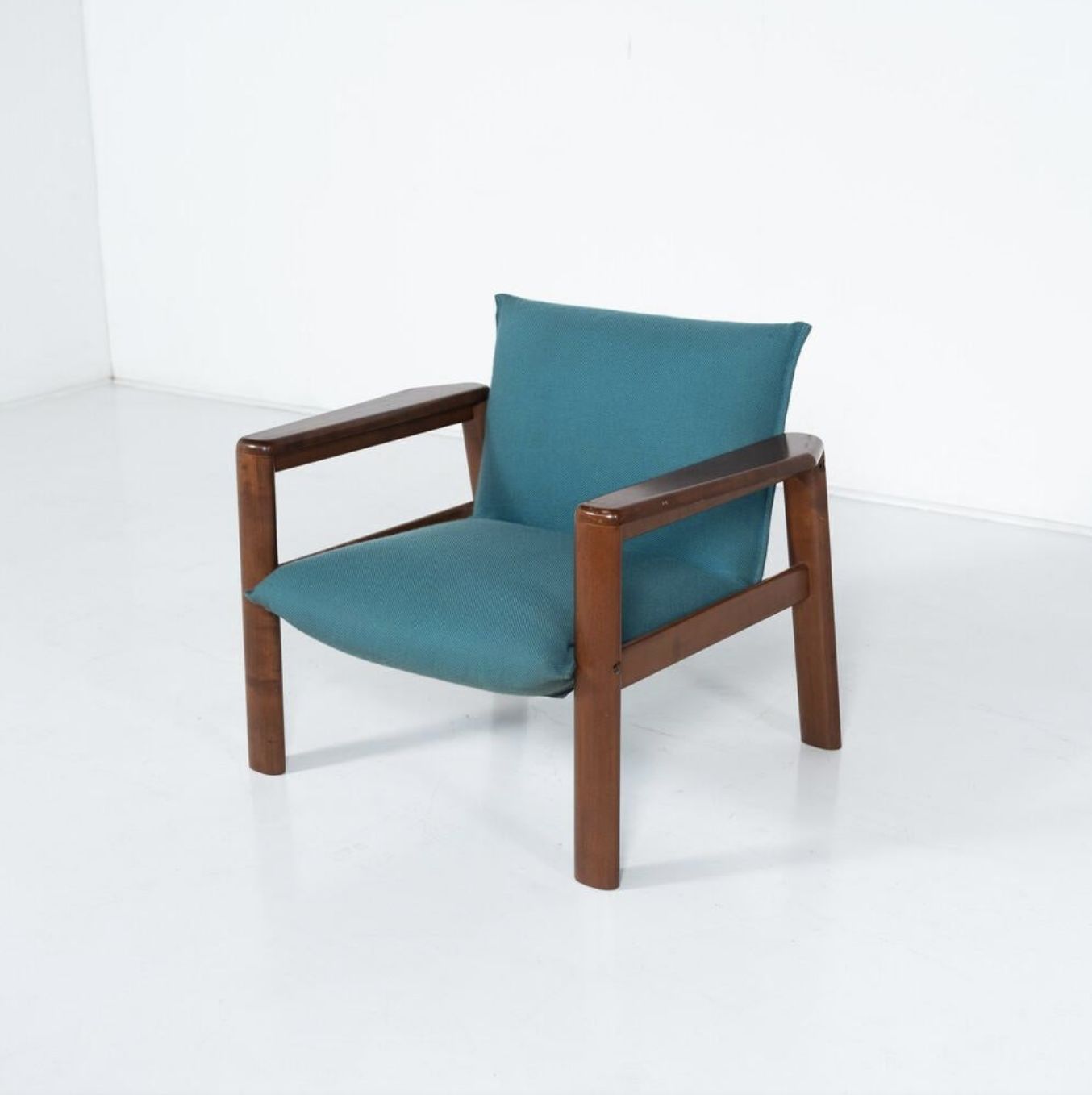 Mid Century Modern Pair Of Armchairs, Blue Fabric And Wood, Italy, 1960s photo buy