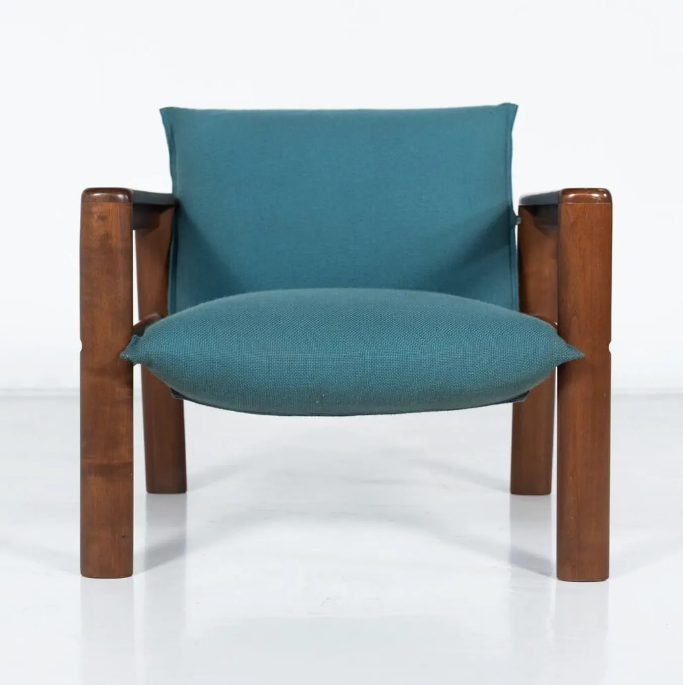 Mid Century Modern Pair Of Armchairs, Blue Fabric And Wood, Italy, 1960s photo vintage
