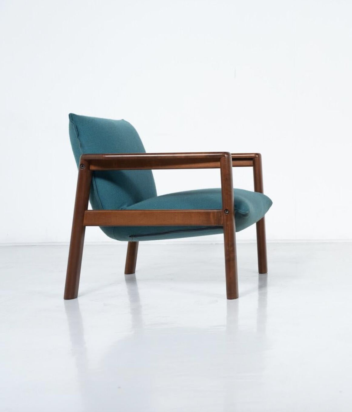 photo for sale Mid Century Modern Pair Of Armchairs, Blue Fabric And Wood, Italy, 1960s