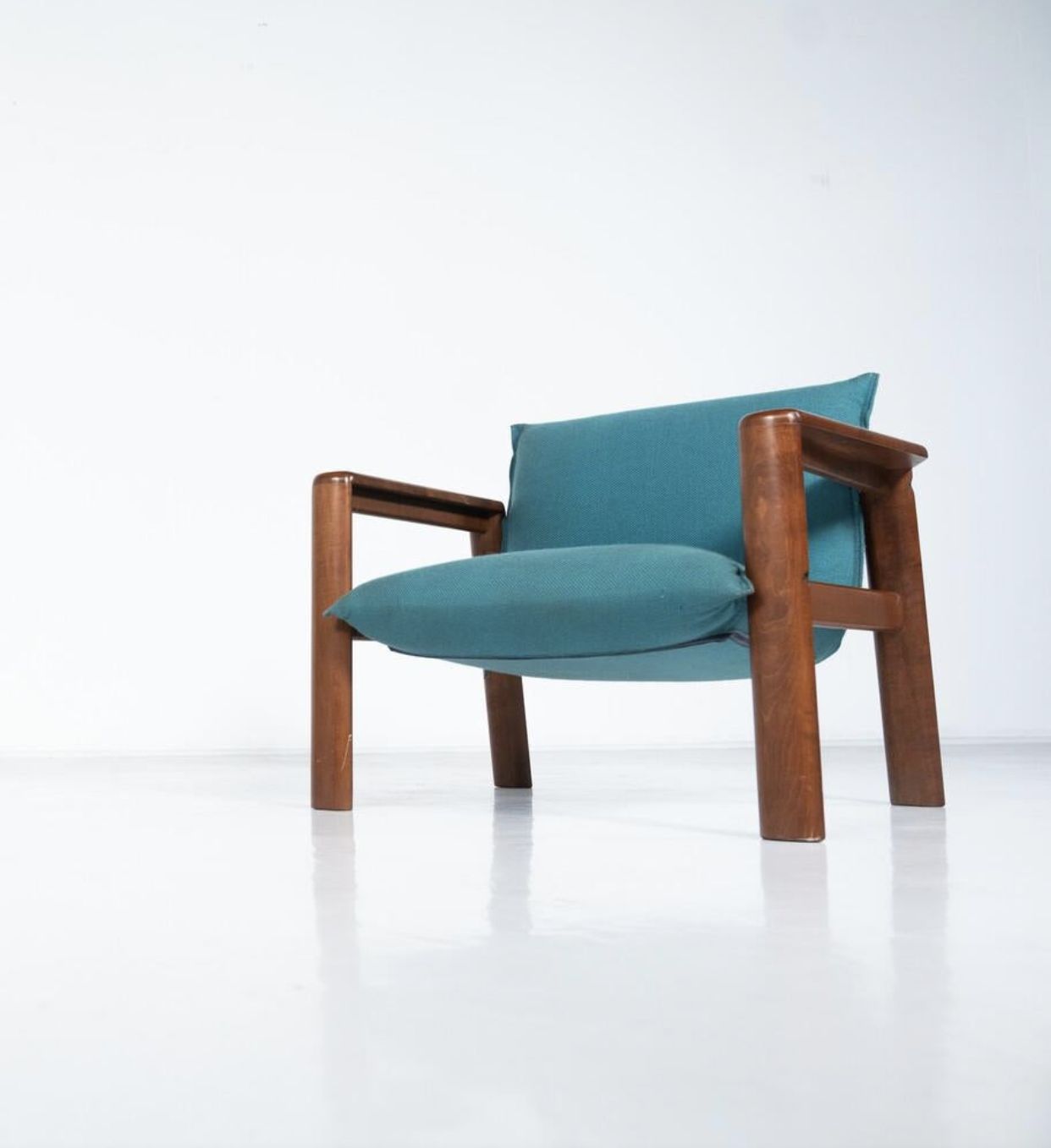 photo vintage Mid Century Modern Pair Of Armchairs, Blue Fabric And Wood, Italy, 1960s