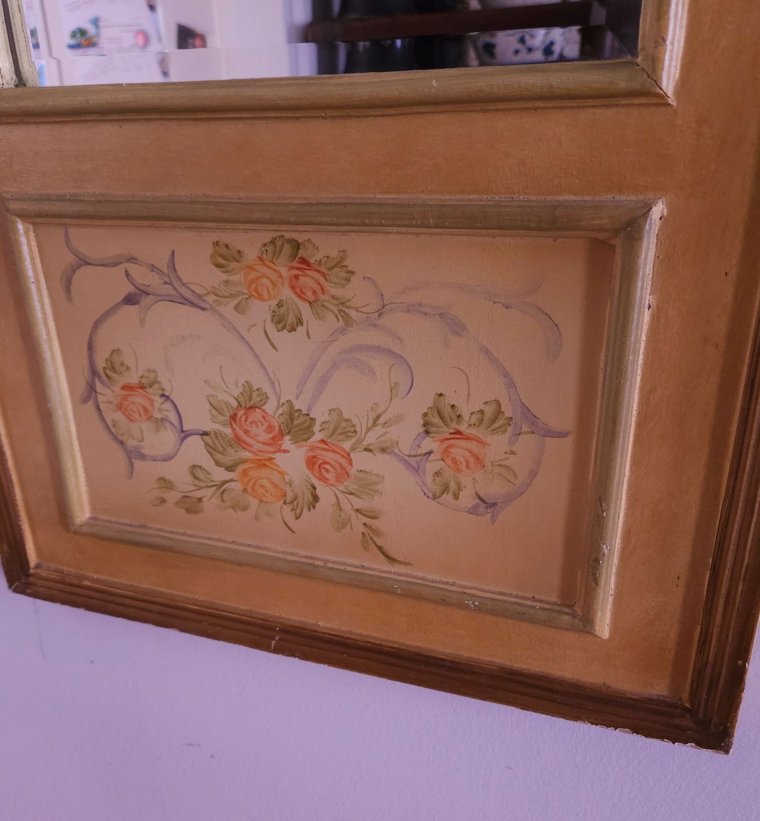 Long, Tall, French Farmhouse Style Wall Mirror With Hand Painted Decoration photo vinterior