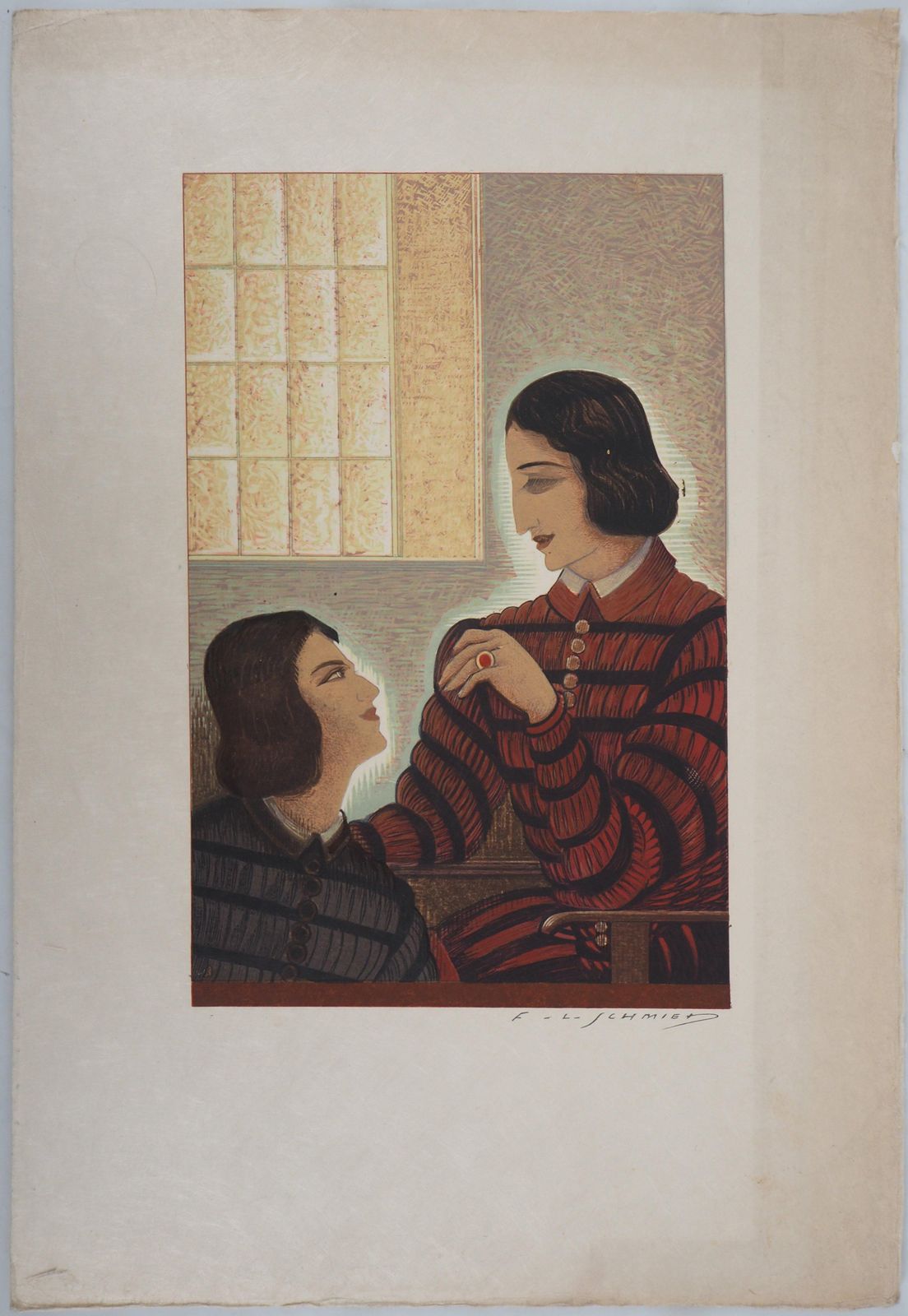 François Louis Schmiedconversation   Original Woodcut Print1938 photo furniture