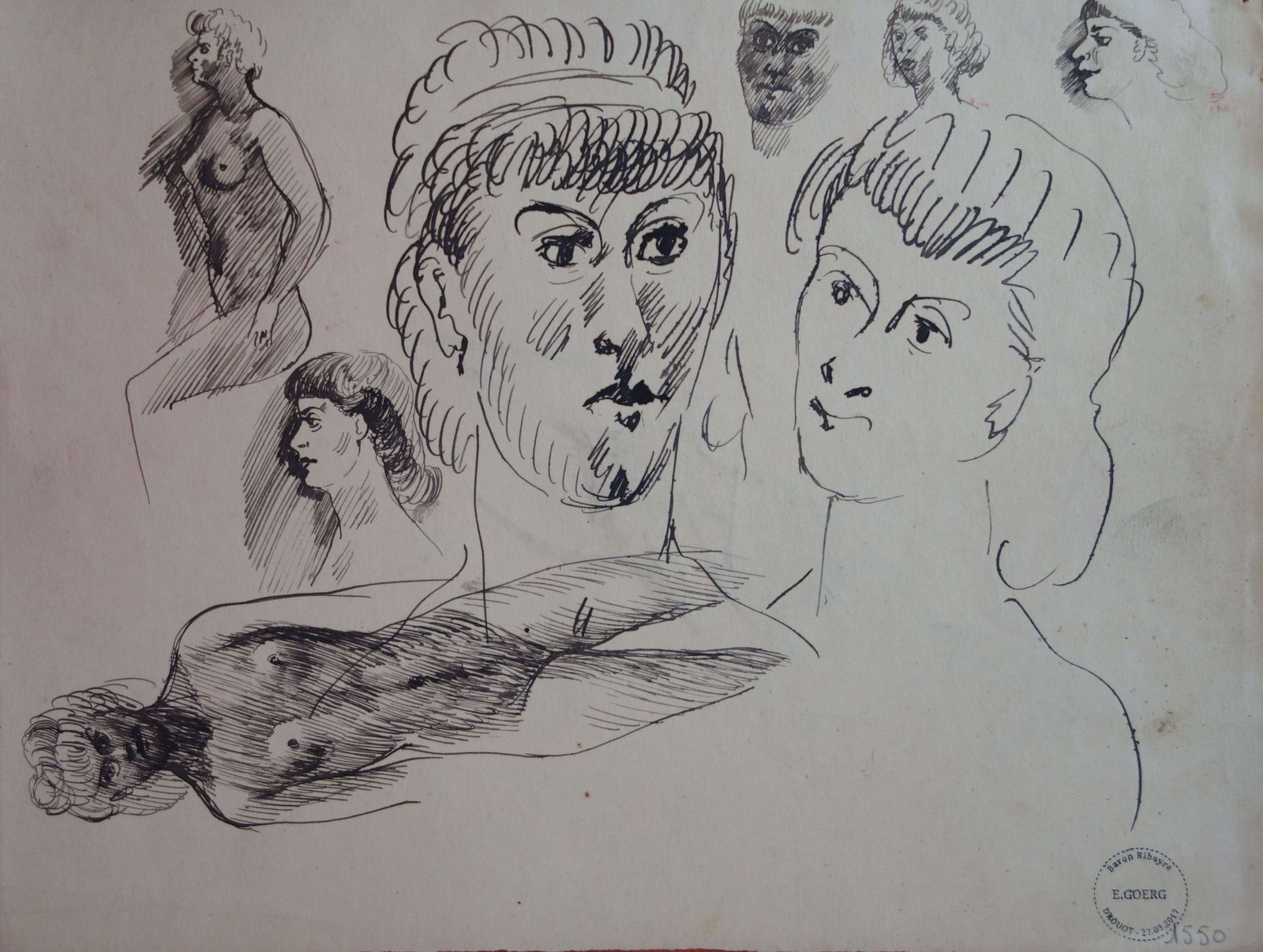 Edouard Goergnude And Portrait Sketches   Original Signed Drawing