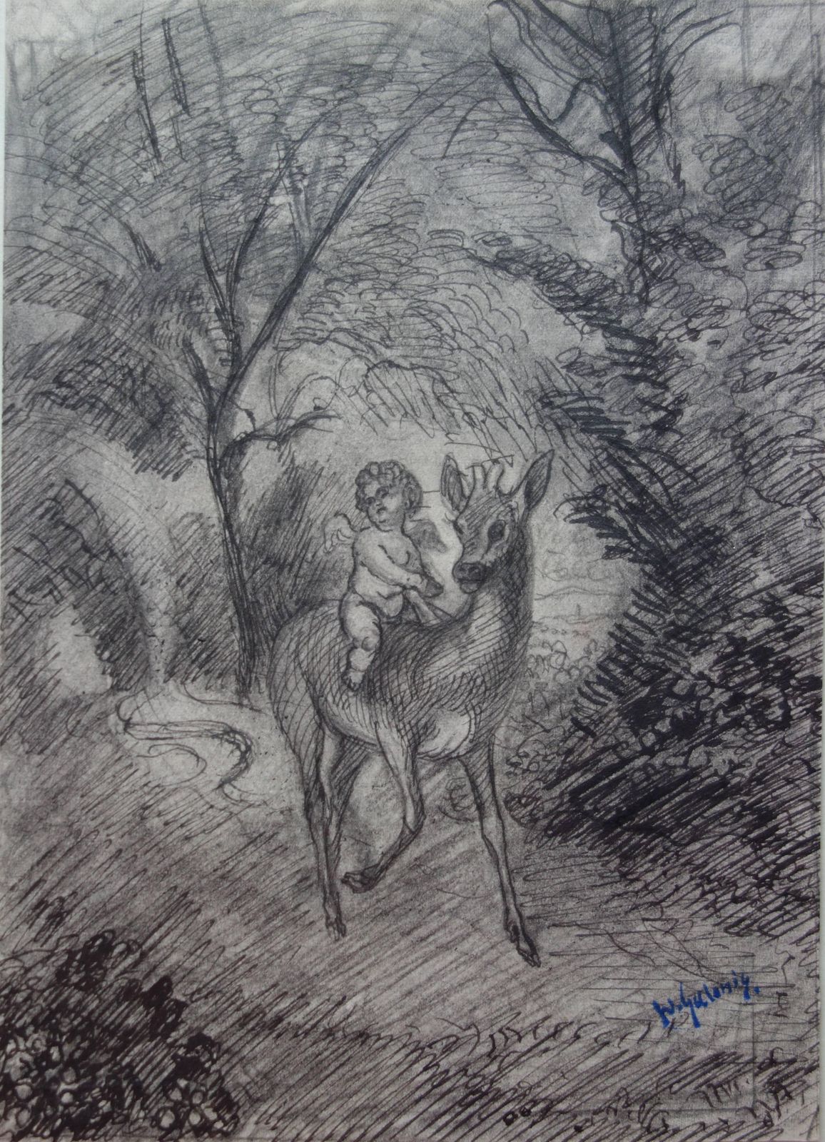 Demetrios Galanisangel Riding A Deer   Original Pencil And Ink Drawing   Signed