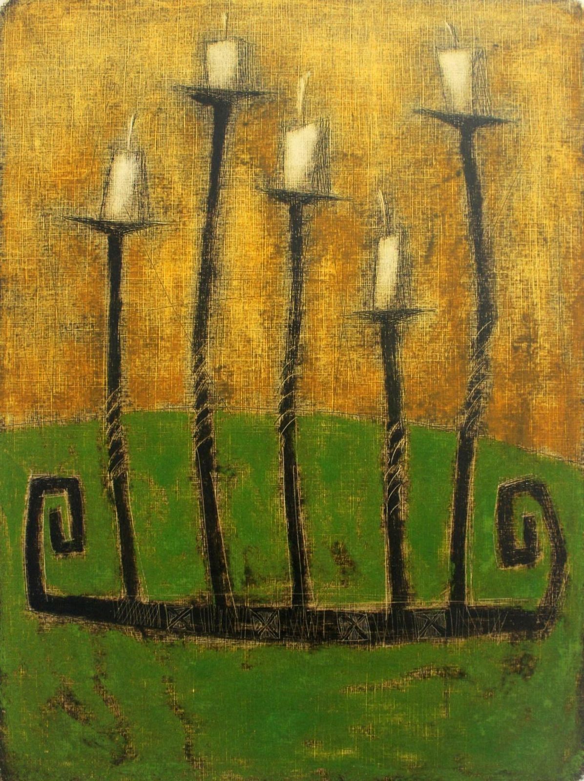 Siergiej Timochowcandlestick   Contemporary Figurative Monotype Print, Warm Tones, Still Life2004