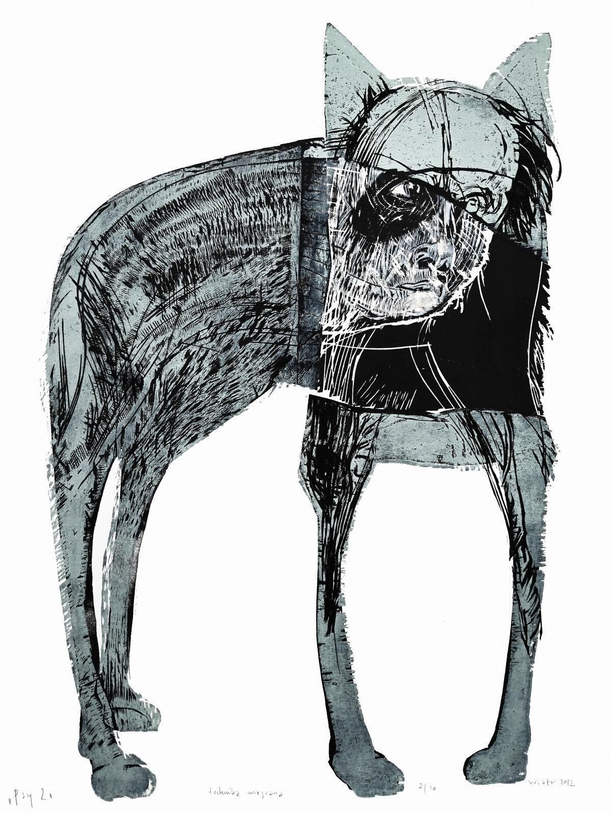 Zdzislaw Wiatrdogs 2   Contemporary Woodcut Print, Figurative, Black & White, Polish Artist2012