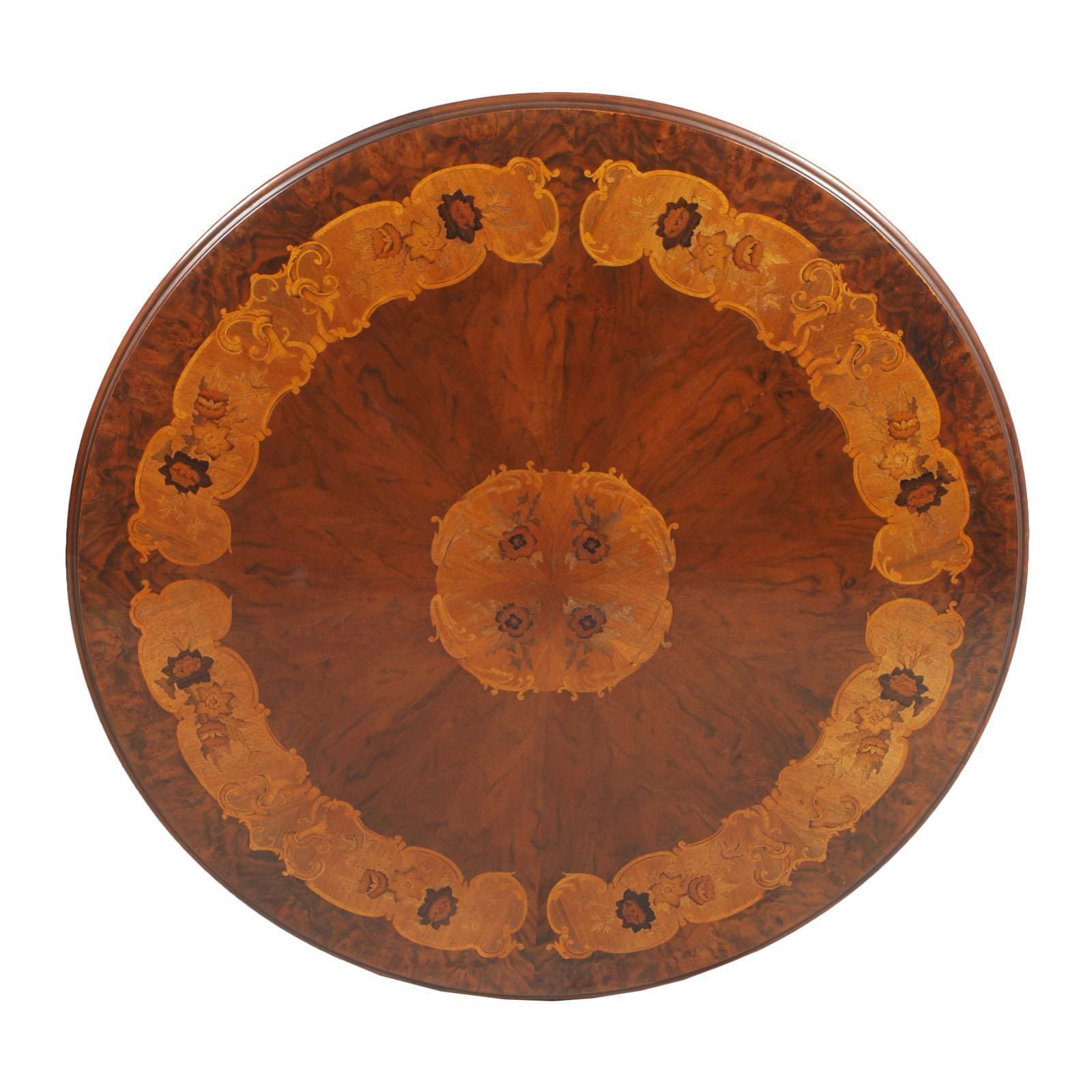 photo for sale Baroque Sorrento Inlaid & Carved Walnut Round Table & Six Chairs, Wax Polished