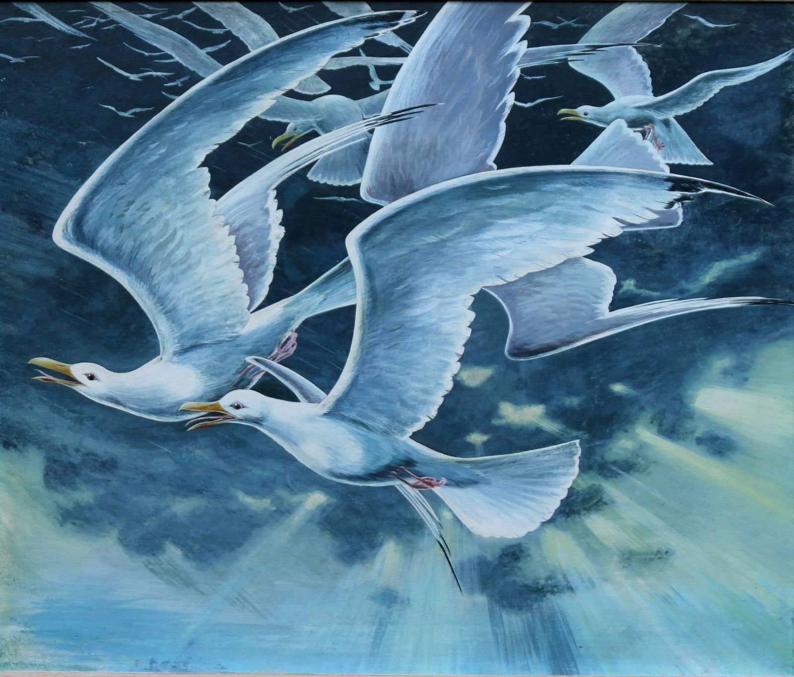 Stuart Maxwell Armfieldflock Of Seagulls   British 60's Surrealist Art Oil Painting Birds In Flightcirca 1960 photo furniture