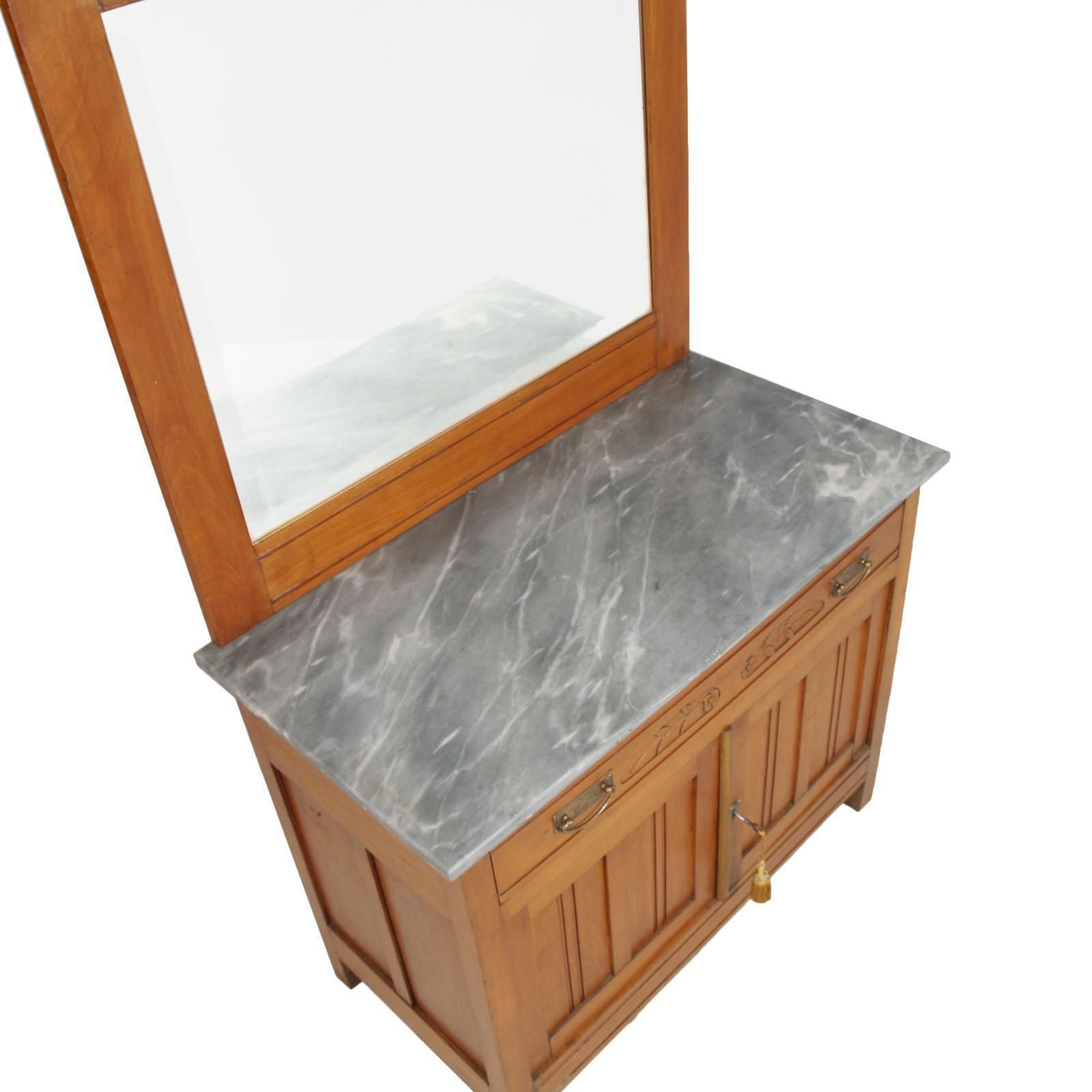 Art Nouveau Vanity Cabinet, Carved Cherrywood, Bevelled Mirror, Gray Marble Top photo Furniture