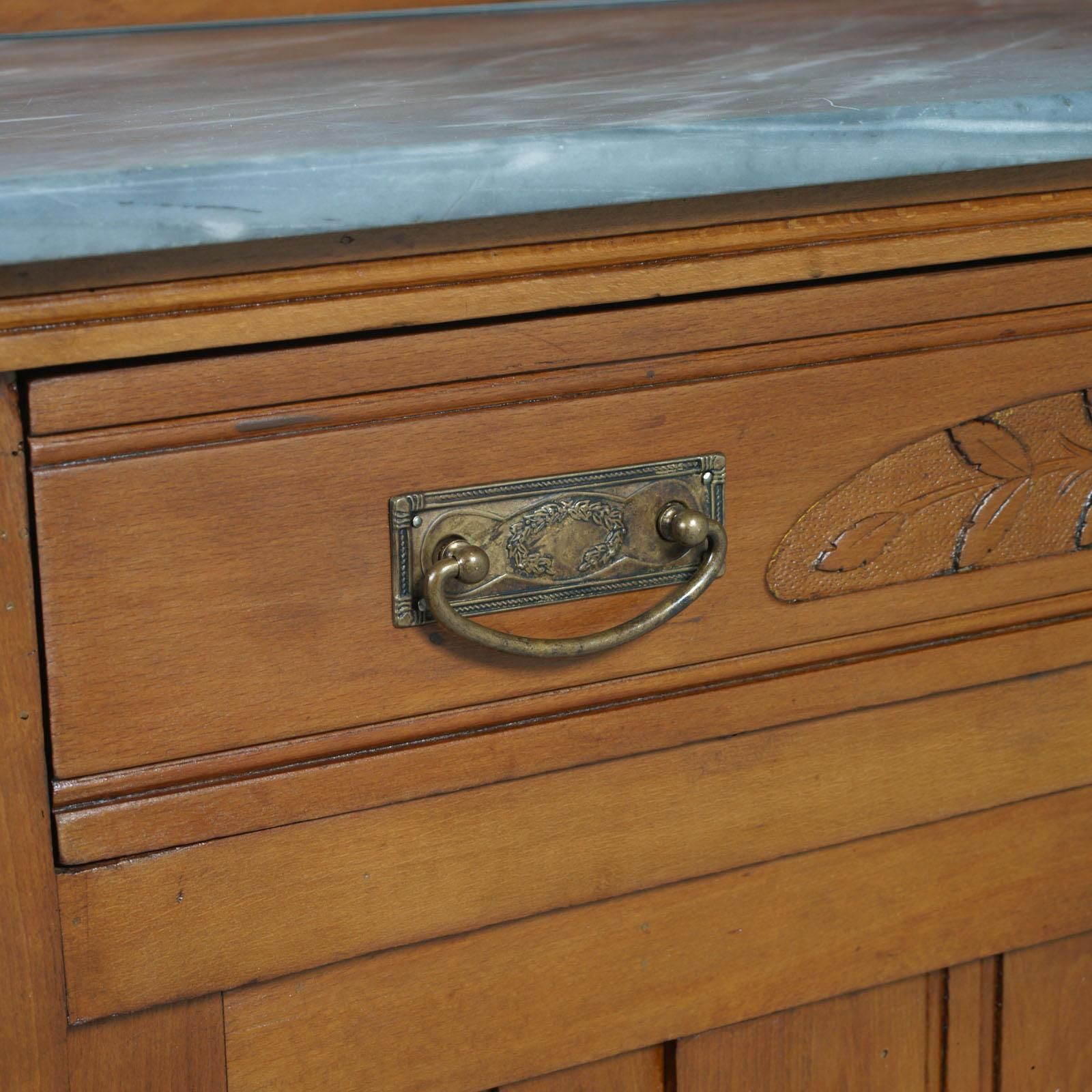 Art Nouveau Vanity Cabinet, Carved Cherrywood, Bevelled Mirror, Gray Marble Top photo vinterior