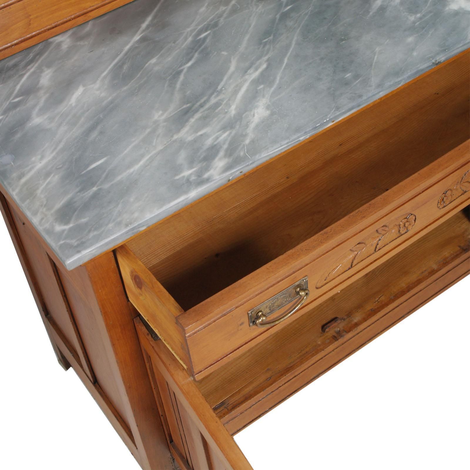 photo furniture Art Nouveau Vanity Cabinet, Carved Cherrywood, Bevelled Mirror, Gray Marble Top