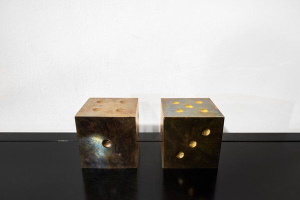 Dobbelsteenvormige Gepolijste Messing Paperweights, Jaren 1970, Set Van 2