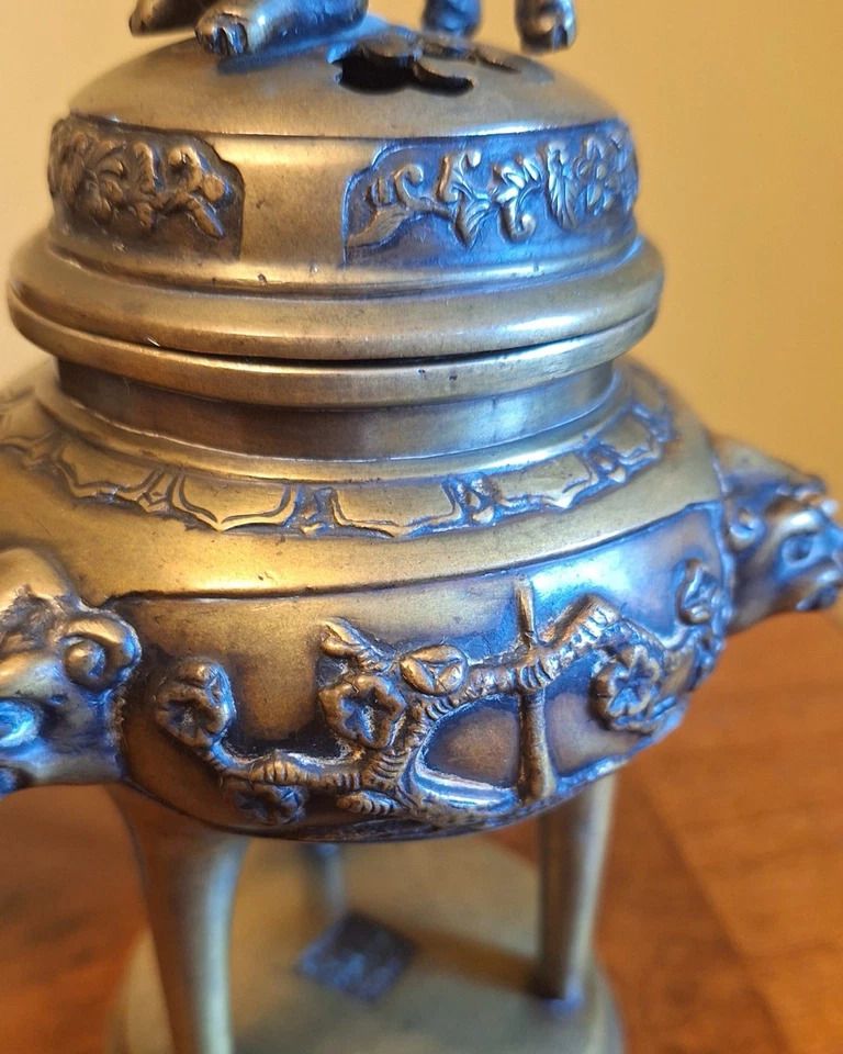 Antique Pair Chinese Bronze Incense Burners Tri Stem & Foliage Foo Dog Heads photo vintage