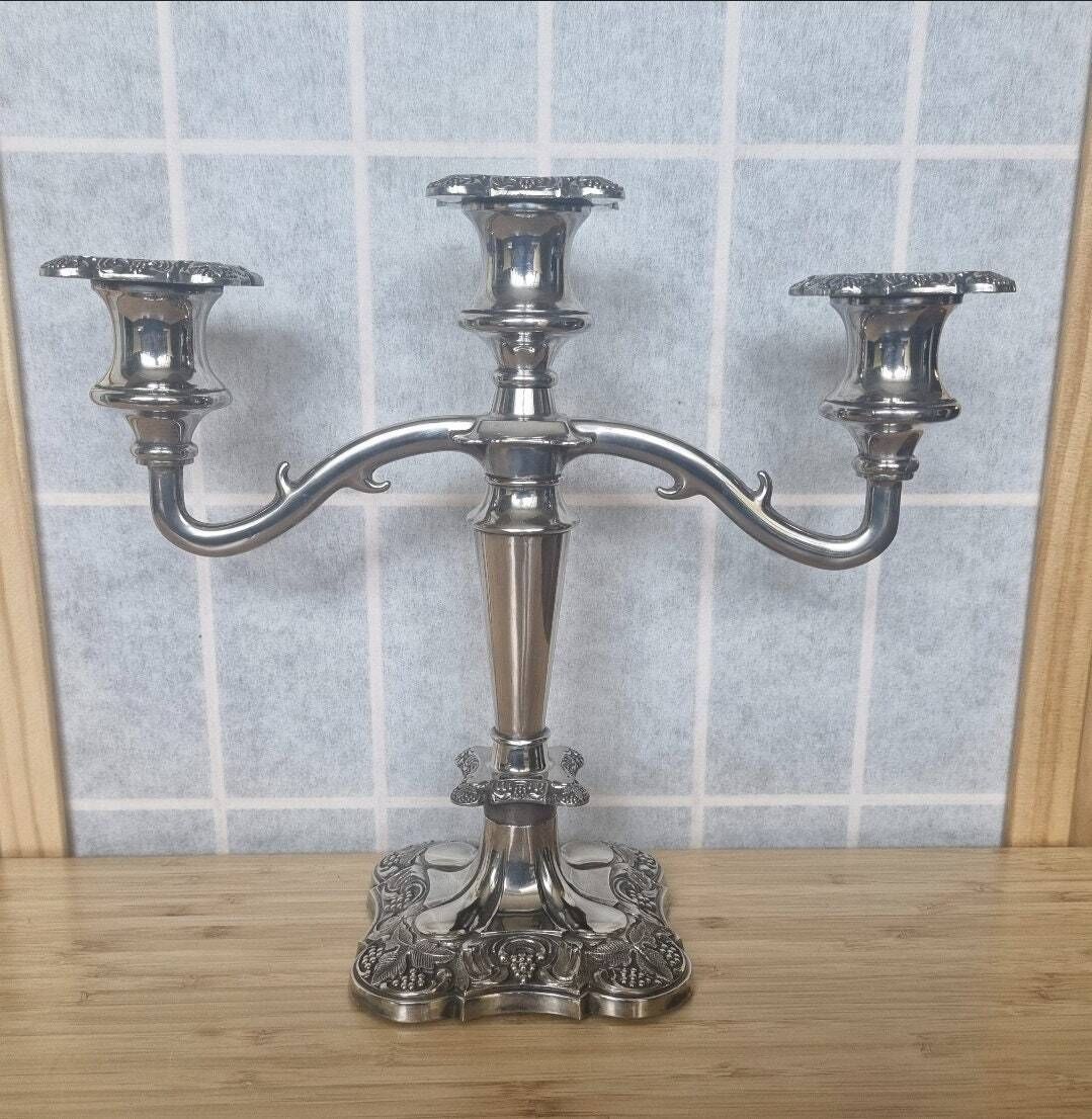 Sheffield Silver Candelabra | Vintage English Triple Arm Grapevine Design | Silver Plate Candleholder | Dining Table Centerpiece