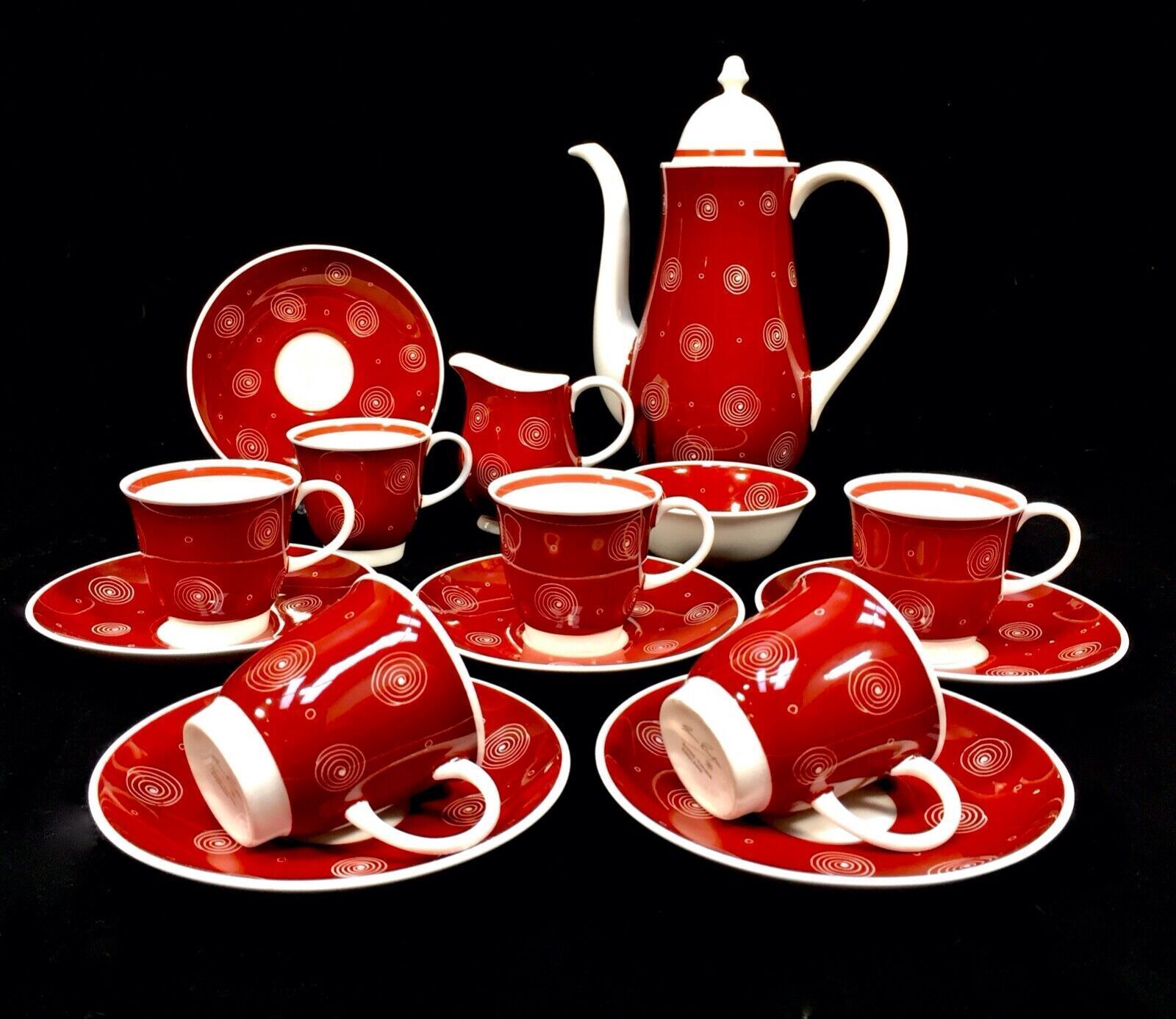 Vintage Susie Cooper Coffee Set For 6 People / Red & White Swirls / Antique