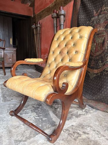 English Mustard Hide Chesterfield Gentleman's Club Reading Slipper Armchair photo vinterior