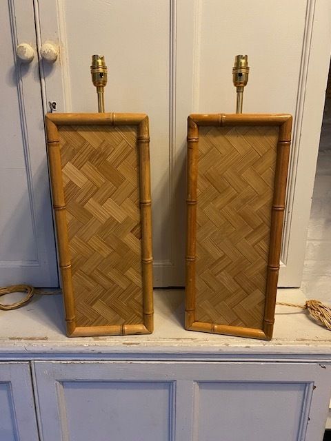 Lighting Pair Of Mid Century Coastal Square Parquet Rattan Table Lamps, American, 1970s photo