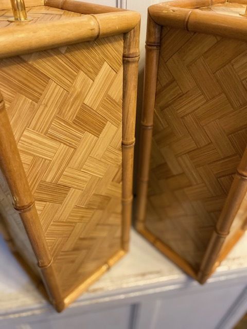 950.0 Pair Of Mid Century Coastal Square Parquet Rattan Table Lamps, American, 1970s photo