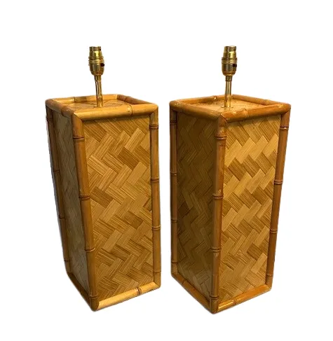 Pair Of Mid Century Coastal Square Parquet Rattan Table Lamps, American, 1970s photo for sale
