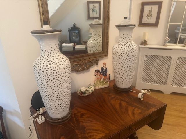 A Rare Pair Of Large White Chinese Blanc De Chine Reticulated Table Lamps photo Home Decor