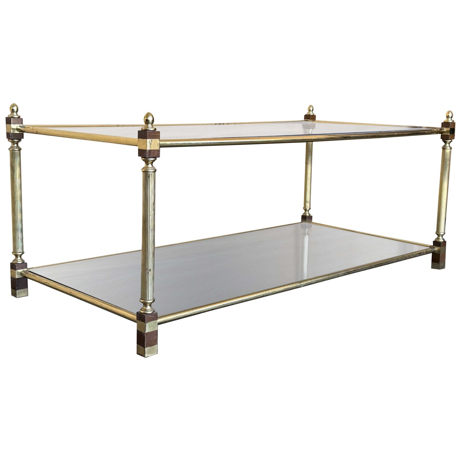 Table d'appoint Mid-Century Modern rectangulaire à deux niveaux en laiton et verre