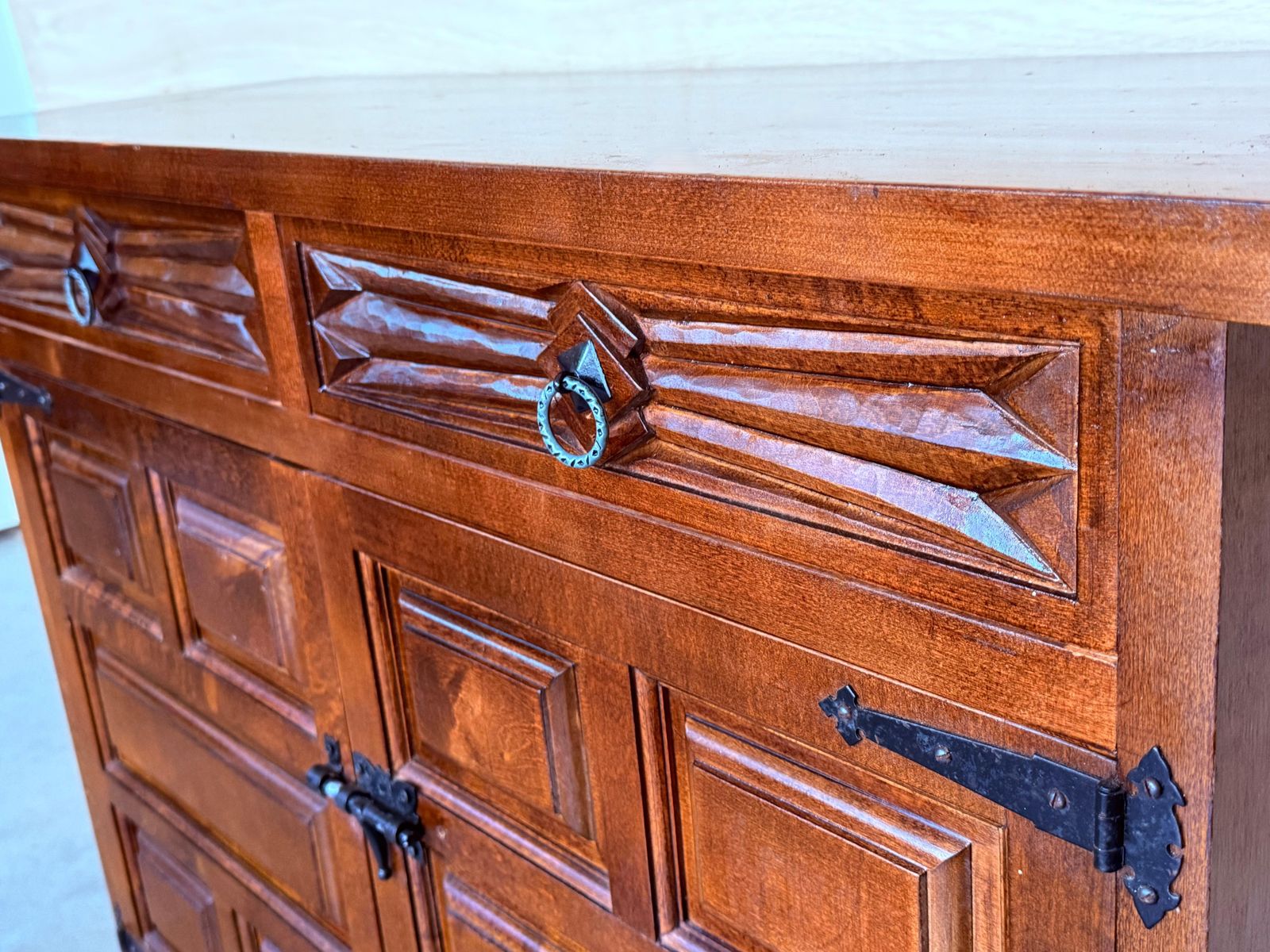 19th Spanish Baroque Carved Walnut Tuscan Three Drawers Credenza Or Buffet photo vinterior