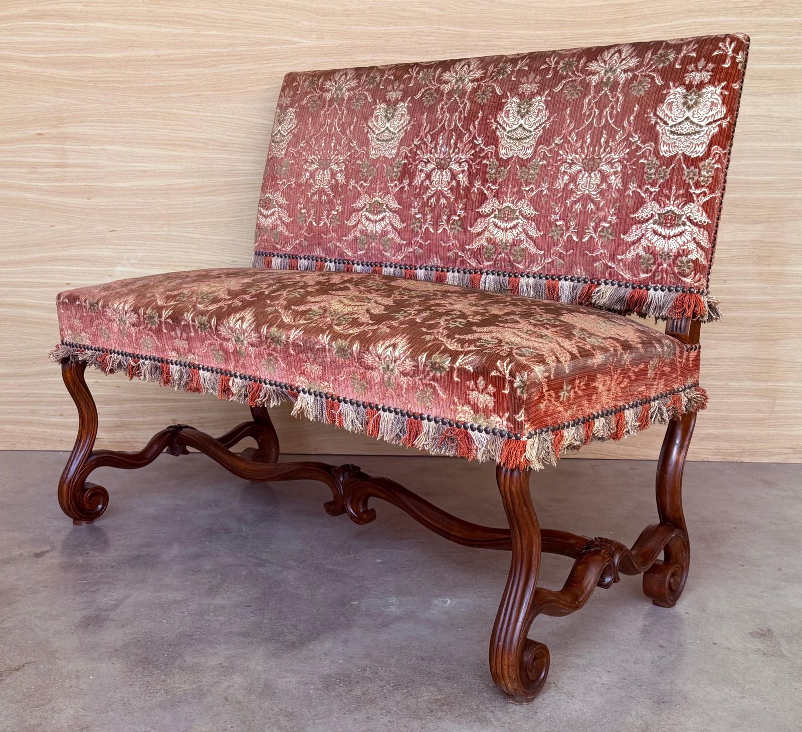 Spanish Damask Velvet Bench With Back And Walnut Carved Legs photo for sale