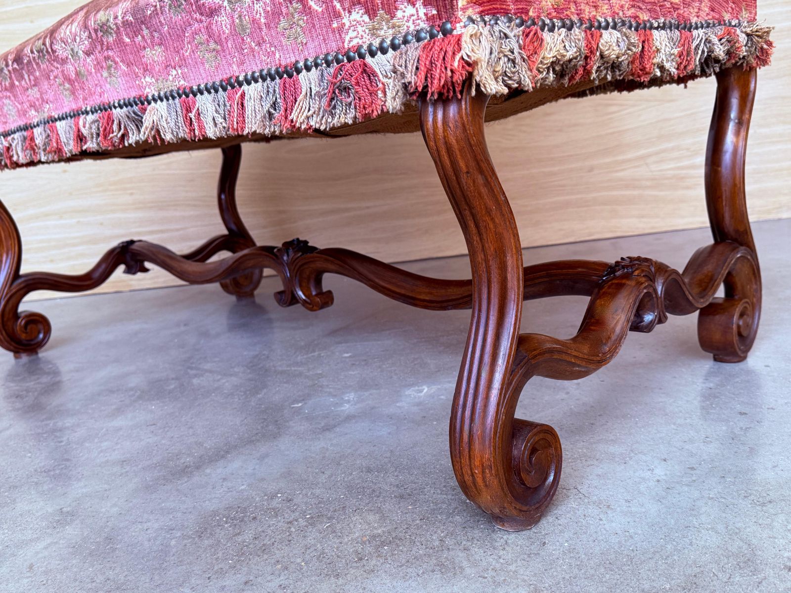 photo for sale Spanish Damask Velvet Bench With Back And Walnut Carved Legs