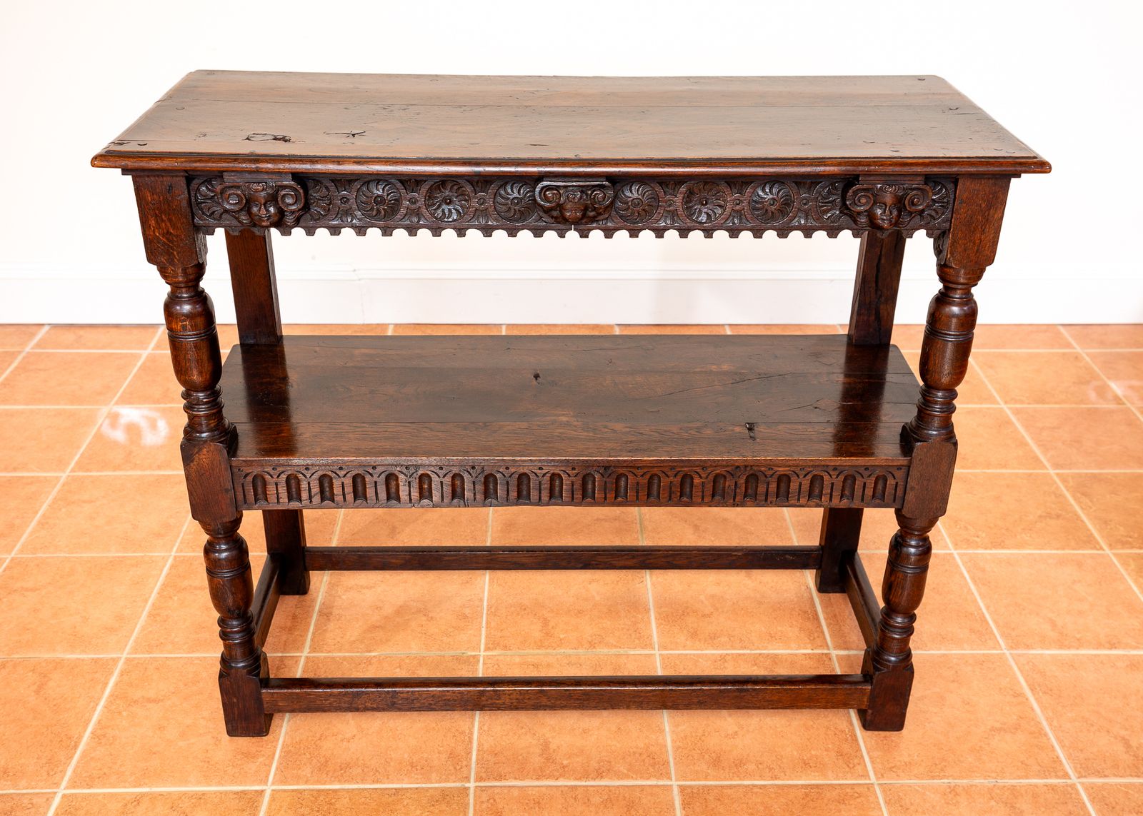 5250.0 Jacobean Country Carved Oak Tiered Court Cupboard Server Buffet Display Stand Media Shel.F Unit County House 17th Century Fine Antique Farmhouse photo